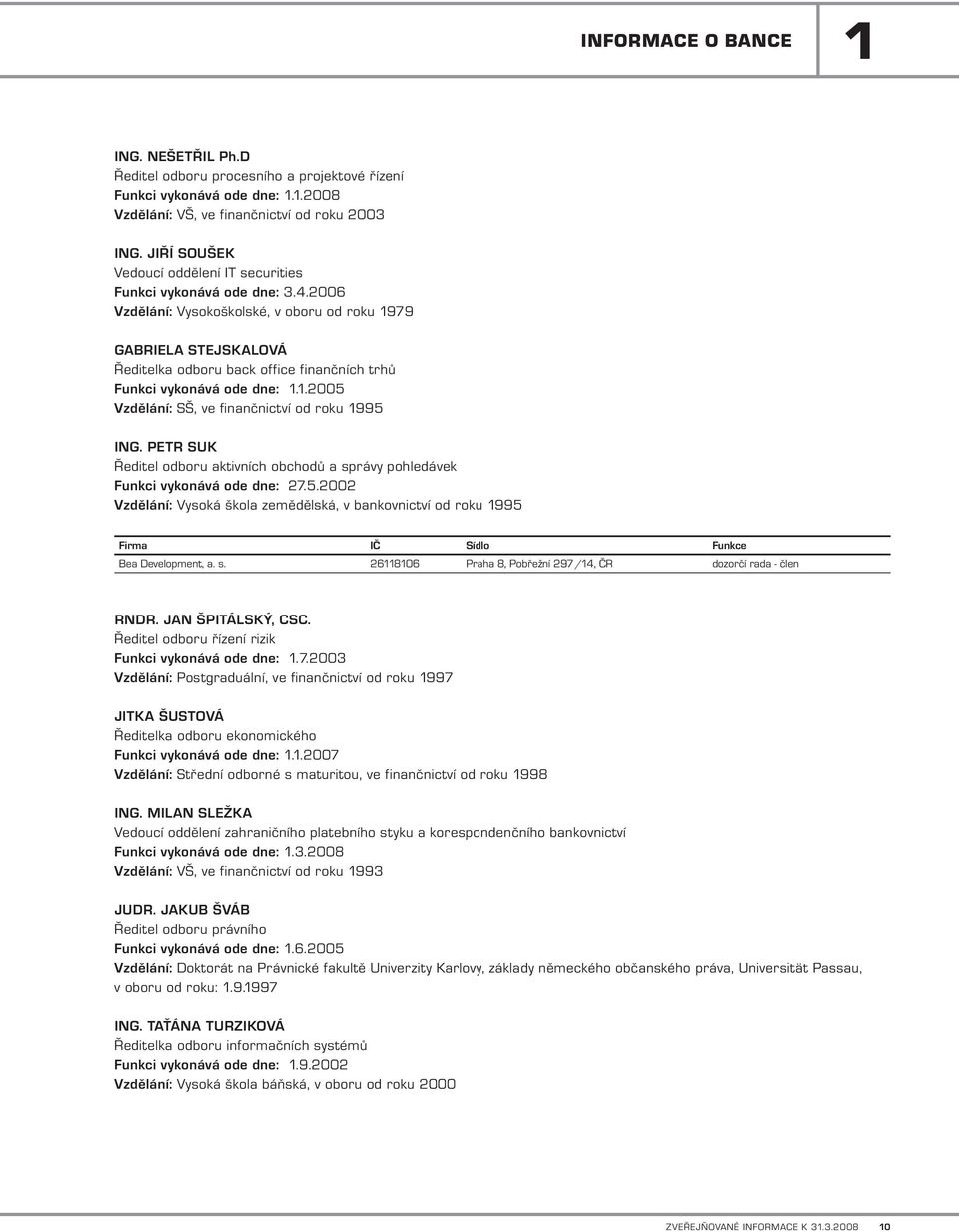2006 Vzdělání: Vysokoškolské, v oboru od roku 1979 Gabriela Stejskalová Ředitelka odboru back office finančních trhů Funkci vykonává ode dne: 1.1.200 Vzdělání: SŠ, ve finančnictví od roku 199 Ing.