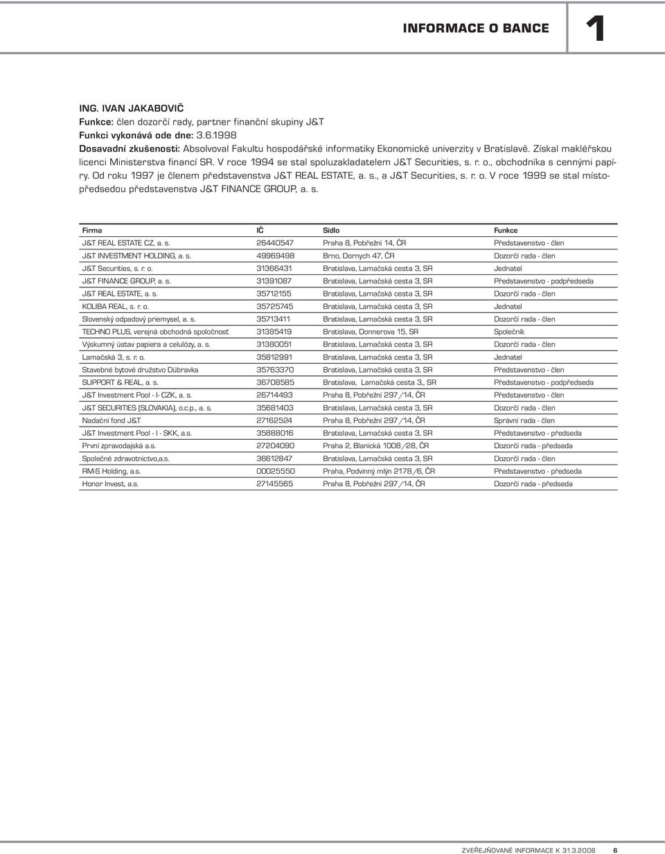 V roce 1994 se stal spoluzakladatelem J&T Securities, s. r. o., obchodníka s cennými papíry. Od roku 1997 je členem představenstva J&T REAL ESTATE, a. s., a J&T Securities, s. r. o. V roce 1999 se stal místopředsedou představenstva J&T FINANCE GROUP, a.