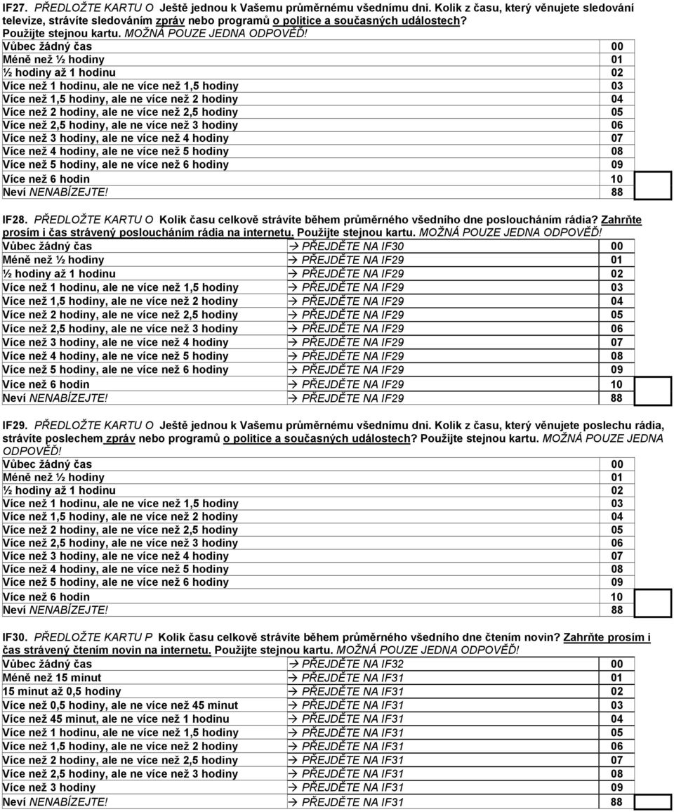 Zahrňte prosím i čas strávený posloucháním rádia na internetu. Použijte stejnou kartu. MOŽNÁ POUZE JEDNA ODPOVĚĎ!