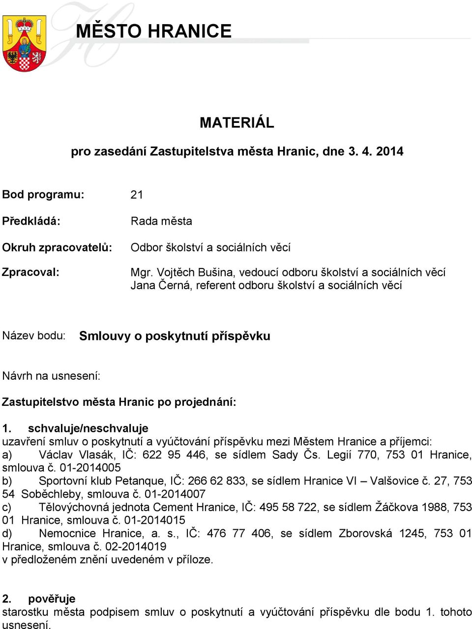 Hranic po projednání: 1. schvaluje/neschvaluje uzavření smluv o poskytnutí a vyúčtování příspěvku mezi Městem Hranice a příjemci: a) Václav Vlasák, IČ: 622 95 446, se sídlem Sady Čs.