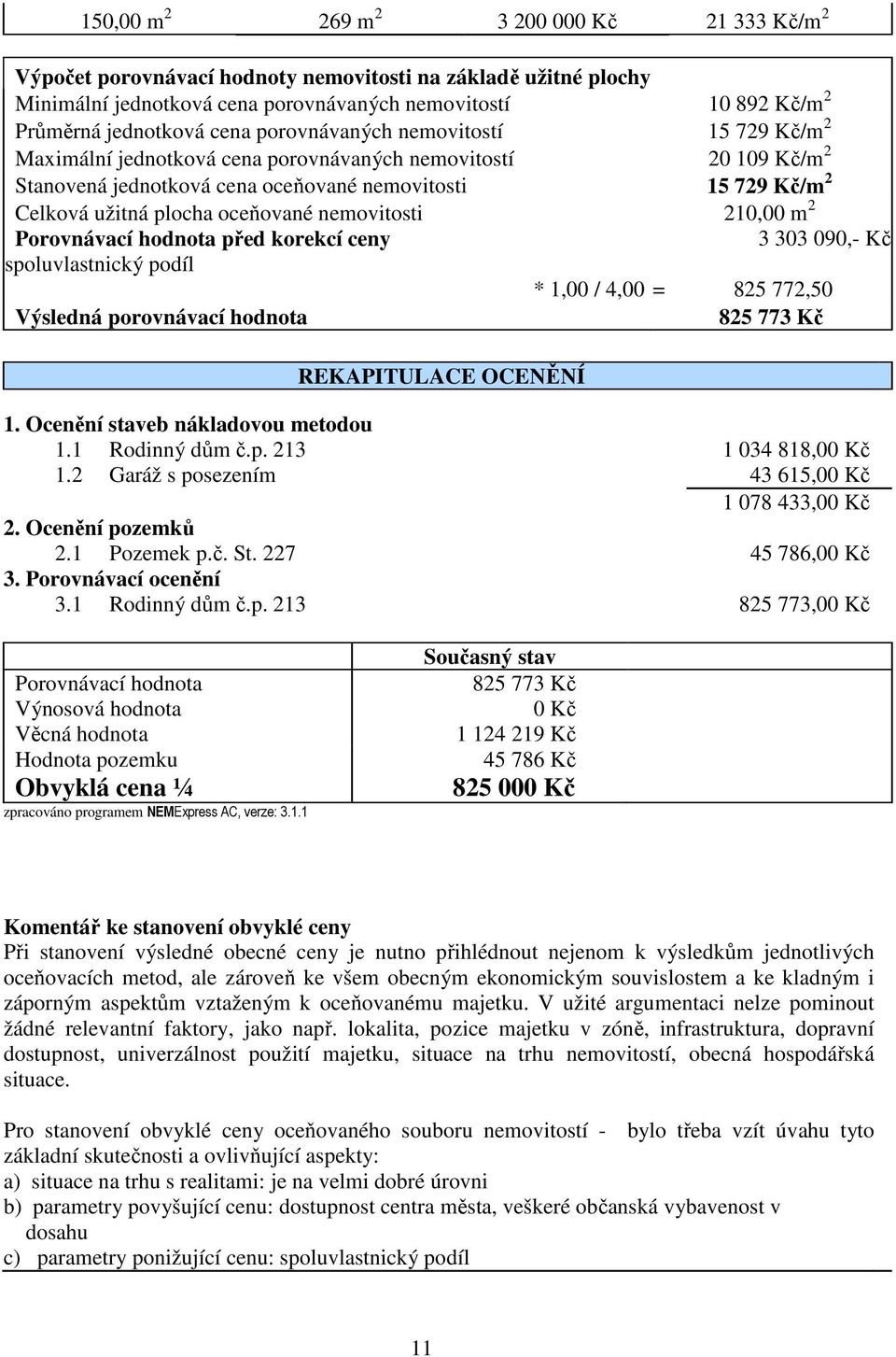 oceňované nemovitosti 210,00 m 2 Porovnávací hodnota před korekcí ceny 3 303 090,- Kč spoluvlastnický podíl * 1,00 / 4,00 = 825 772,50 Výsledná porovnávací hodnota 825 773 Kč REKAPITULACE OCENĚNÍ 1.