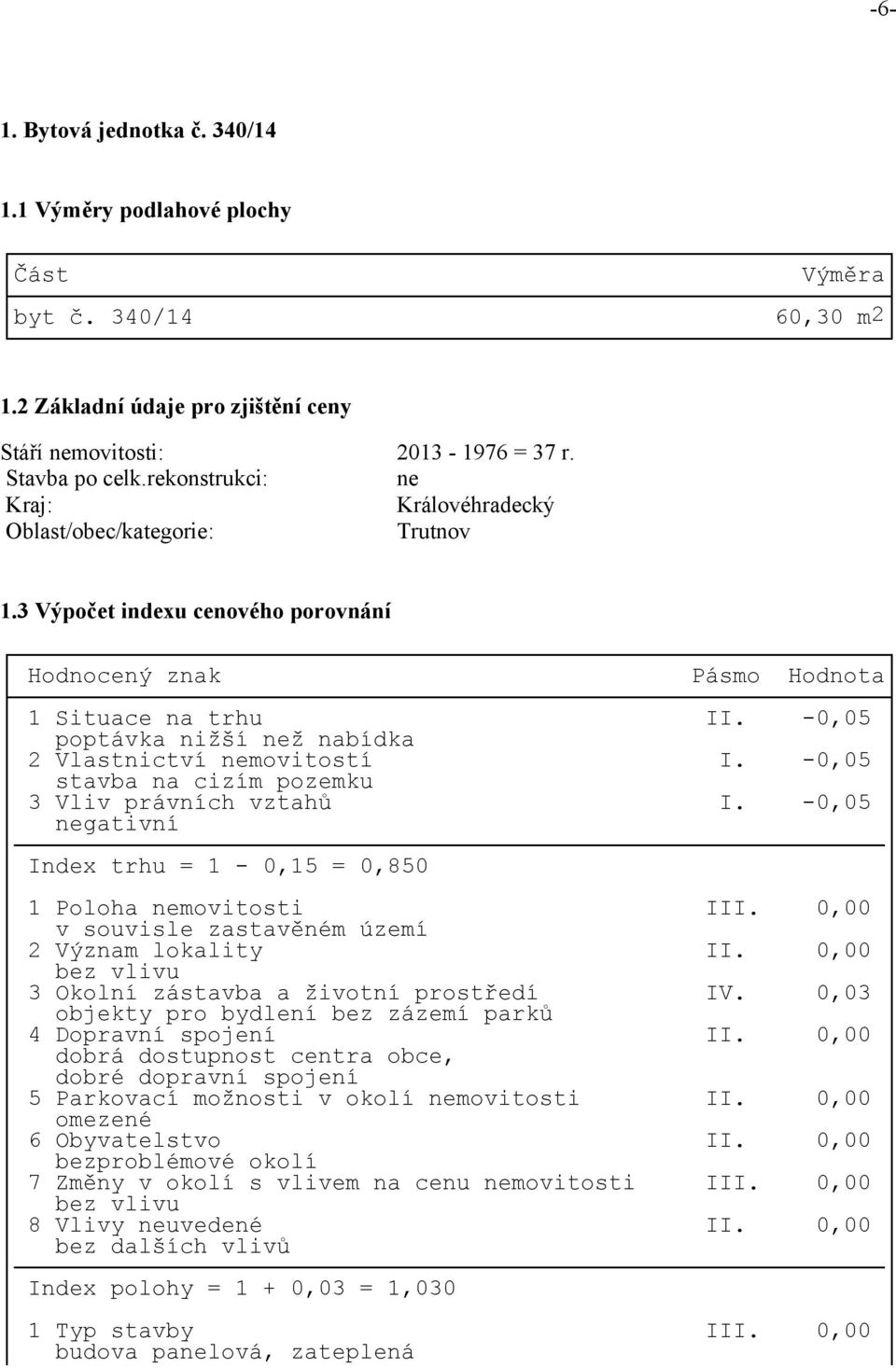 -0,05 poptávka nižší než nabídka 2 Vlastnictví nemovitostí I. -0,05 stavba na cizím pozemku 3 Vliv právních vztahů I. -0,05 negativní Index trhu = 1-0,15 = 0,850 1 Poloha nemovitosti III.