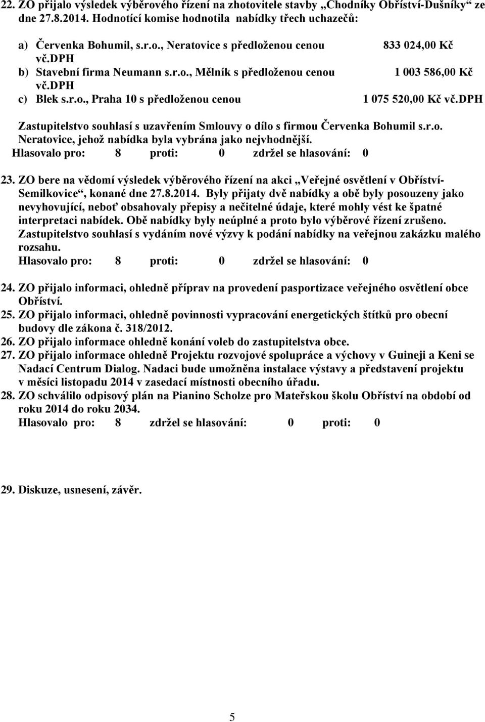 dph Zastupitelstvo souhlasí s uzavřením Smlouvy o dílo s firmou Červenka Bohumil s.r.o. Neratovice, jehož nabídka byla vybrána jako nejvhodnější. Hlasovalo pro: 8 proti: 0 zdržel se hlasování: 0 23.