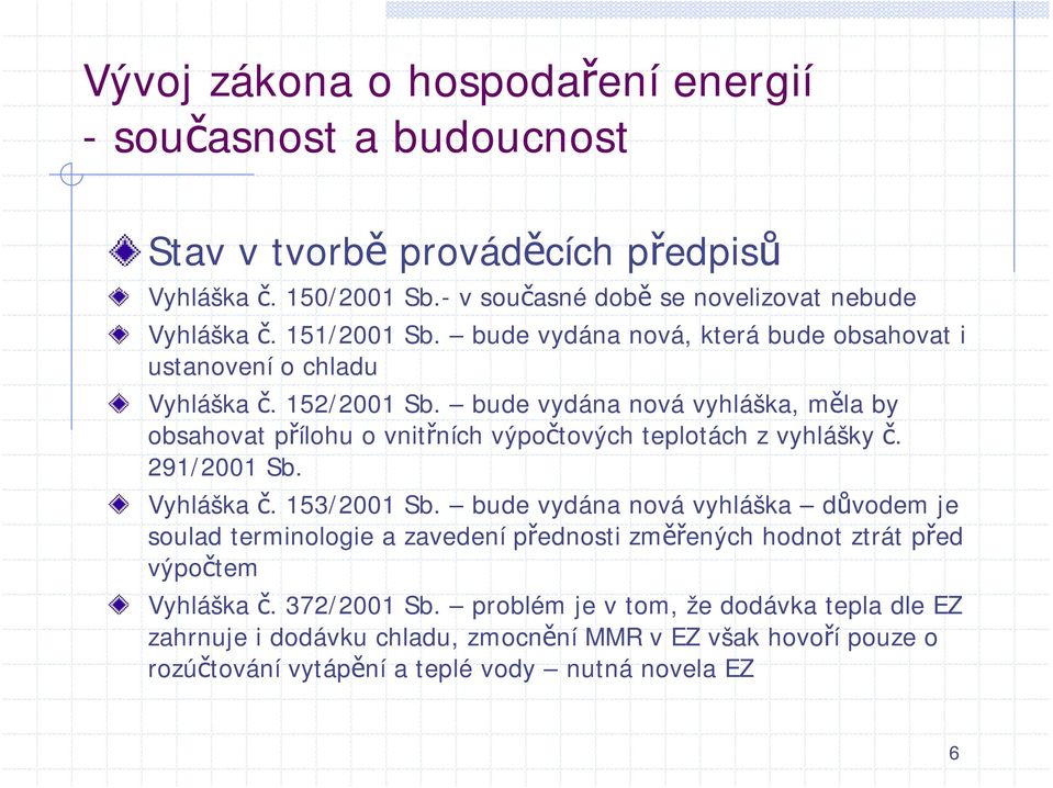 bude vydána nová vyhláška, měla by obsahovat přílohu o vnitřních výpočtových teplotách z vyhlášky č. 291/2001 Sb. Vyhláška č. 153/2001 Sb.