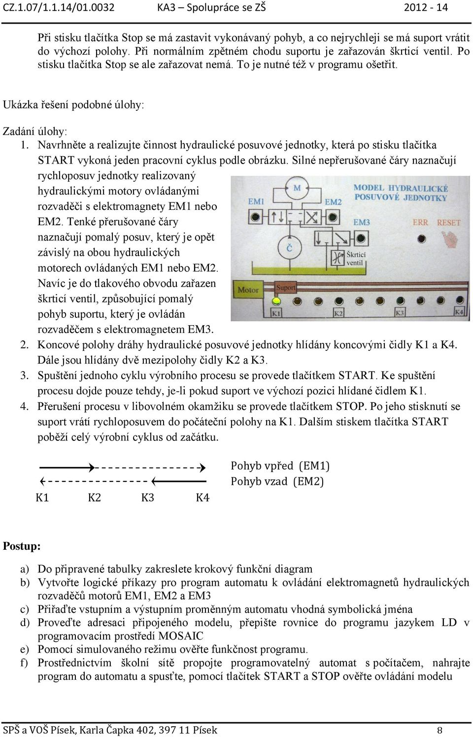 Navrhněte a realizujte činnost hydraulické posuvové jednotky, která po stisku tlačítka START vykoná jeden pracovní cyklus podle obrázku.