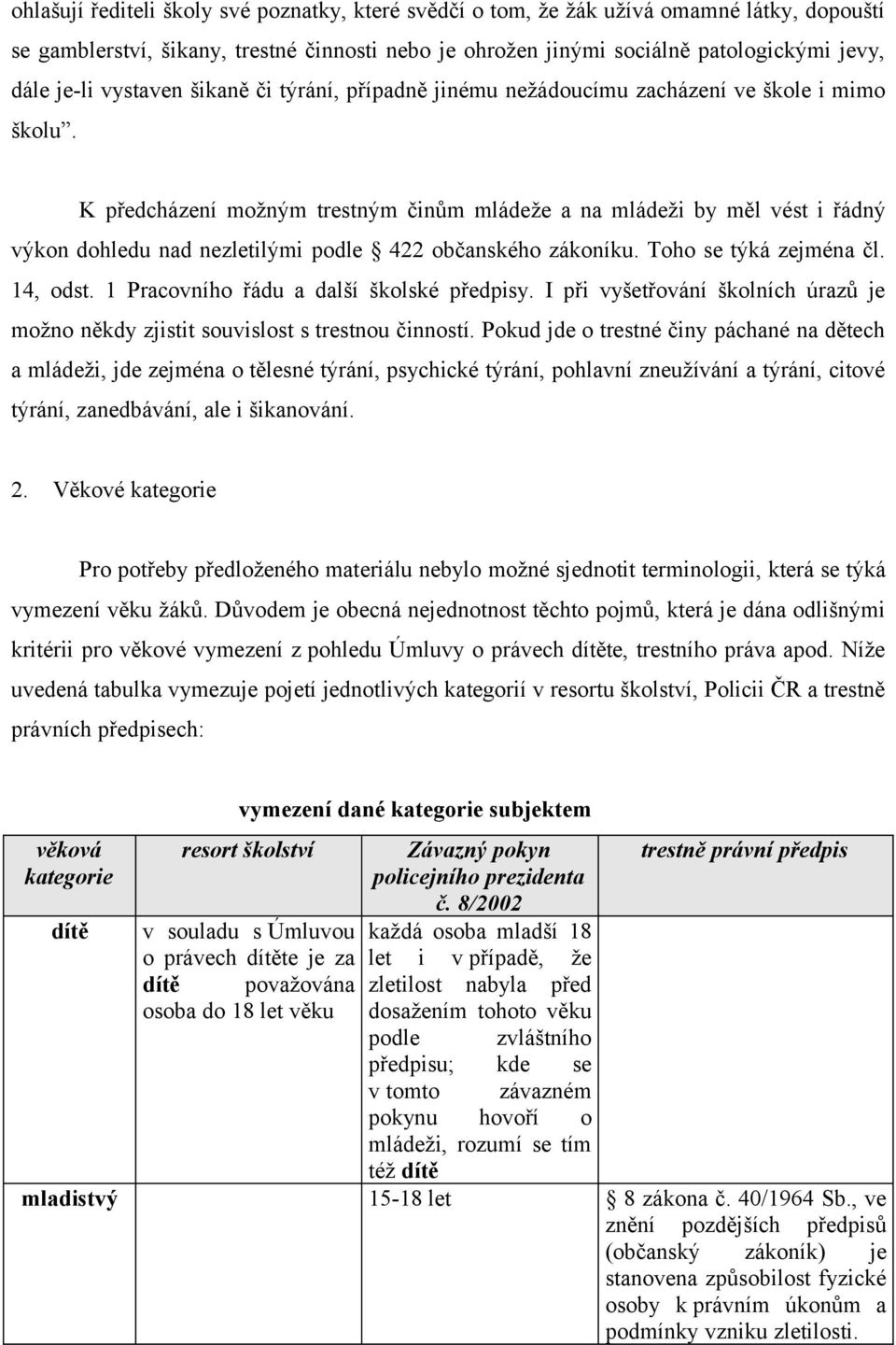K předcházení možným trestným činům mládeže a na mládeži by měl vést i řádný výkon dohledu nad nezletilými podle 422 občanského zákoníku. Toho se týká zejména čl. 14, odst.