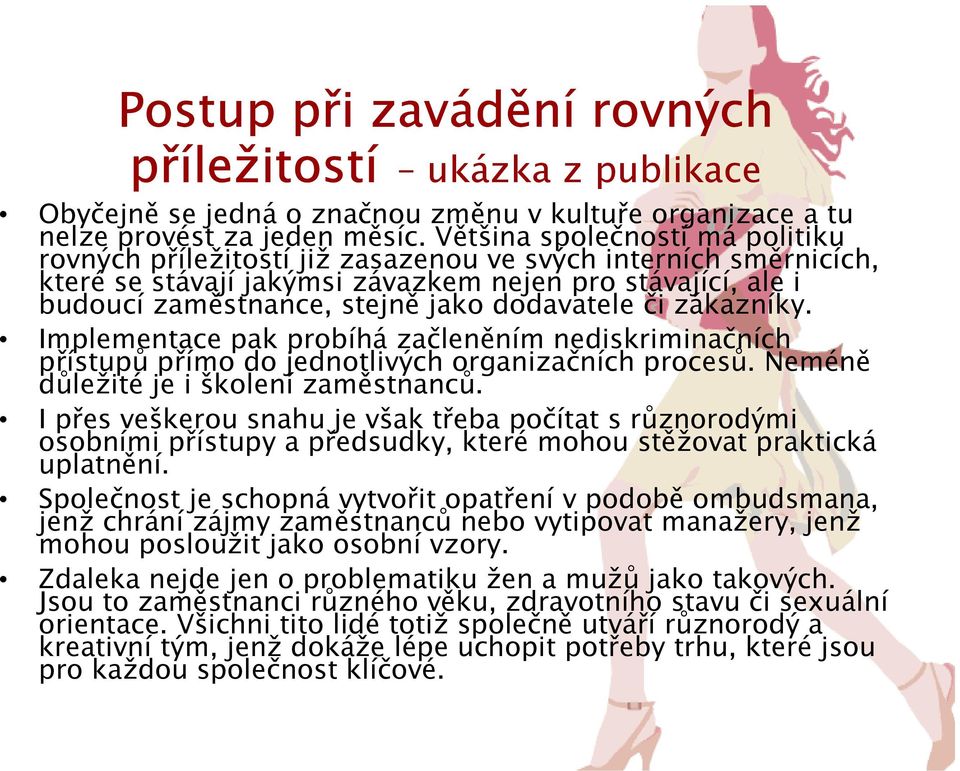 dodavatele či zákazníky. Implementace pak probíhá začleněním nediskriminačních přístupů přímo do jednotlivých organizačních procesů. Neméně důležité je i školení zaměstnanců.