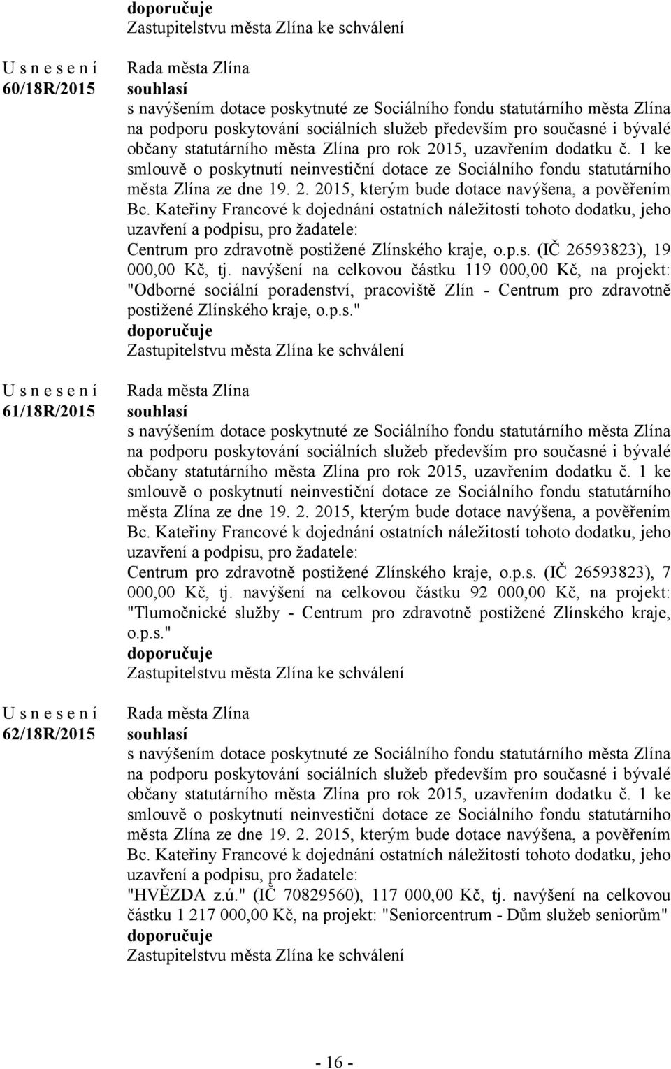 Kateřiny Francové k dojednání ostatních náležitostí tohoto dodatku, jeho Centrum pro zdravotně postižené Zlínského kraje, o.p.s. (IČ 26593823), 19 000,00 Kč, tj.