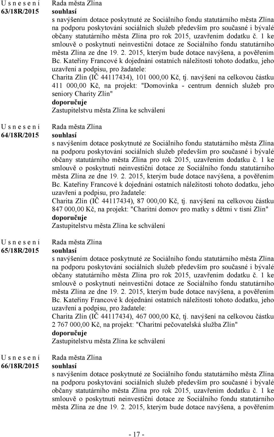 Kateřiny Francové k dojednání ostatních náležitostí tohoto dodatku, jeho Charita Zlín (IČ 44117434), 101 000,00 Kč, tj.
