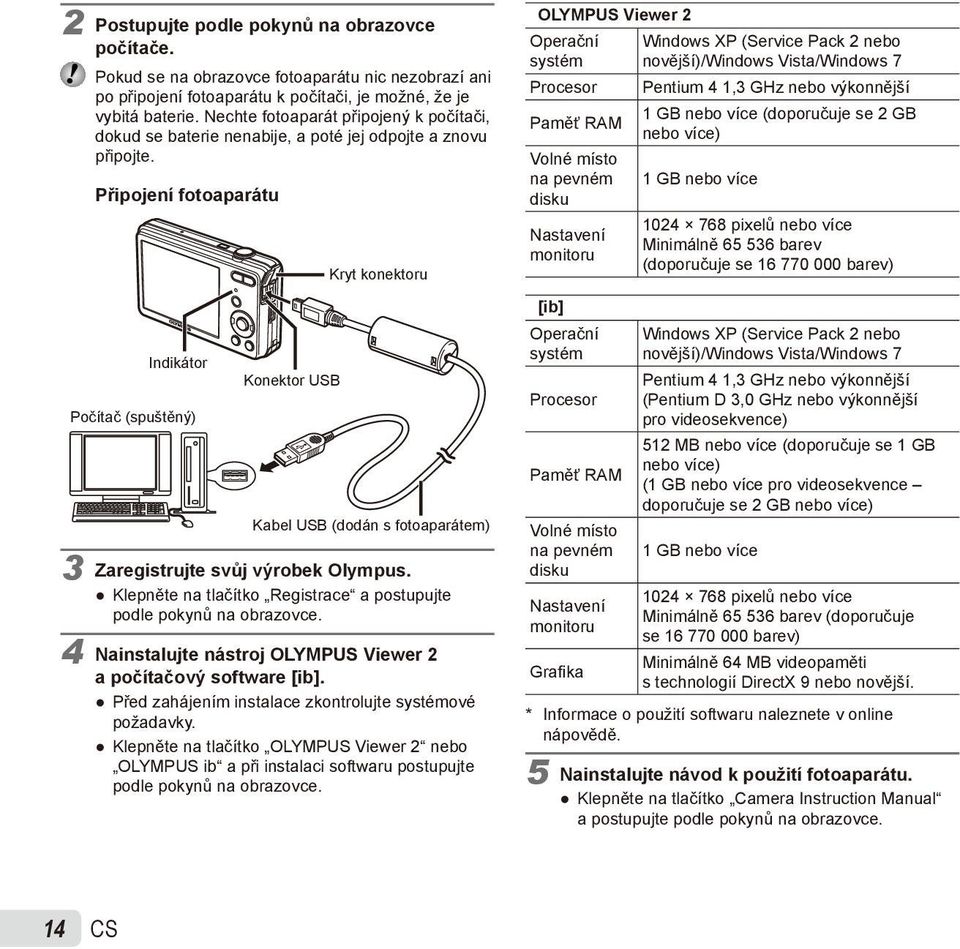 Připojení fotoaparátu Indikátor Počítač (spuštěný) Konektor USB Kryt konektoru Kabel USB (dodán s fotoaparátem) 3 Zaregistrujte svůj výrobek Olympus.