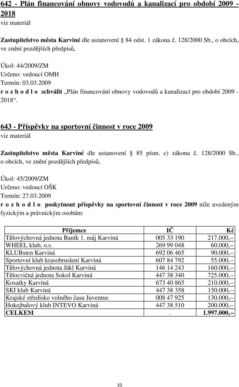 643 - Příspěvky na sportovní činnost v roce 2009 viz materiál Zastupitelstvo města Karviné dle ustanovení 85 písm. c) zákona č. 128/2000 Sb.