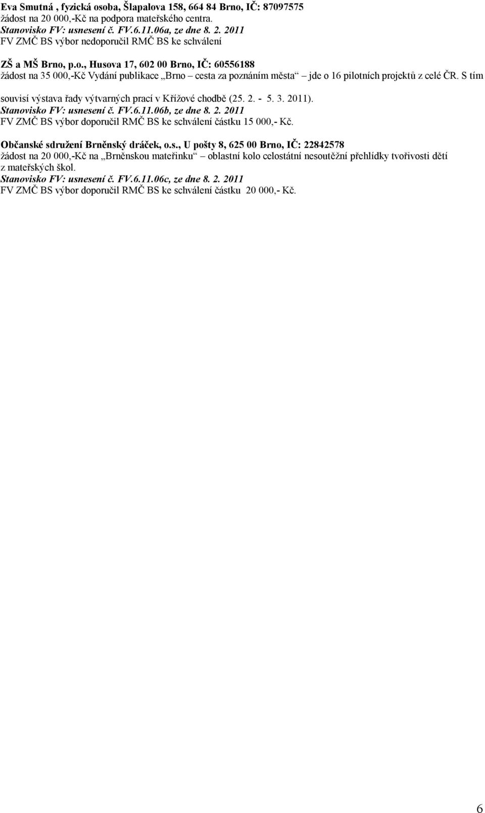 S tím souvisí výstava řady výtvarných prací v Křížové chodbě (25. 2. - 5. 3. 2011). Stanovisko FV: usnesení č. FV.6.11.06b, ze dne 8. 2. 2011 FV ZMČ BS výbor doporučil RMČ BS ke schválení částku 15 000,- Kč.