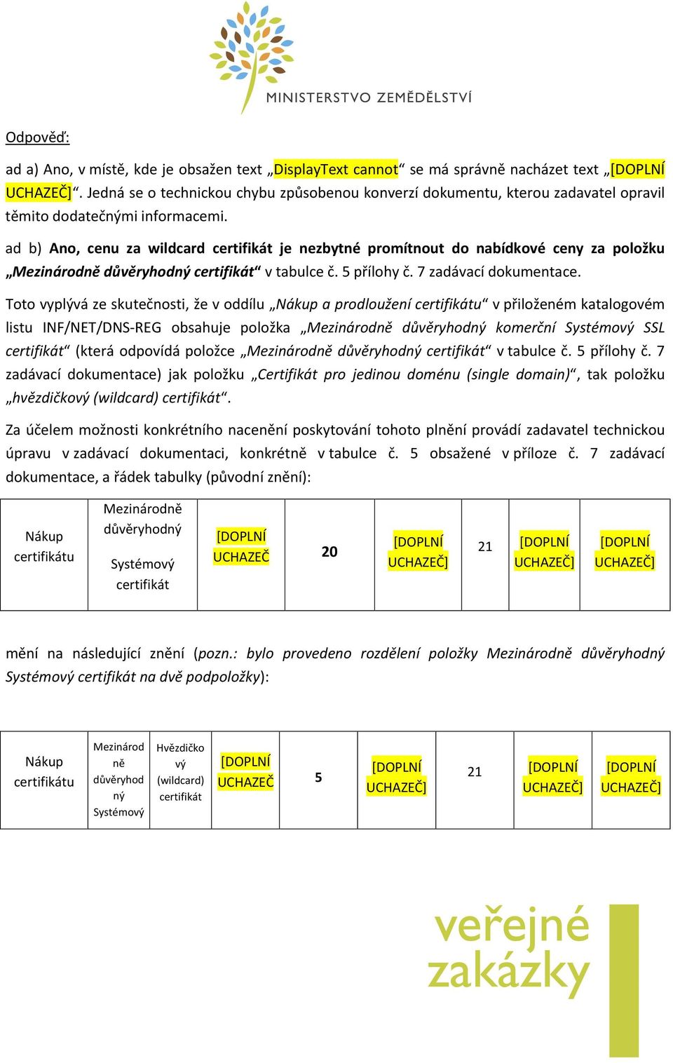 ad b) Ano, cenu za wildcard certifikát je nezbytné promítnout do nabídkové ceny za položku Mezinárodně důvěryhodný certifikát v tabulce č. 5 přílohy č. 7 zadávací dokumentace.