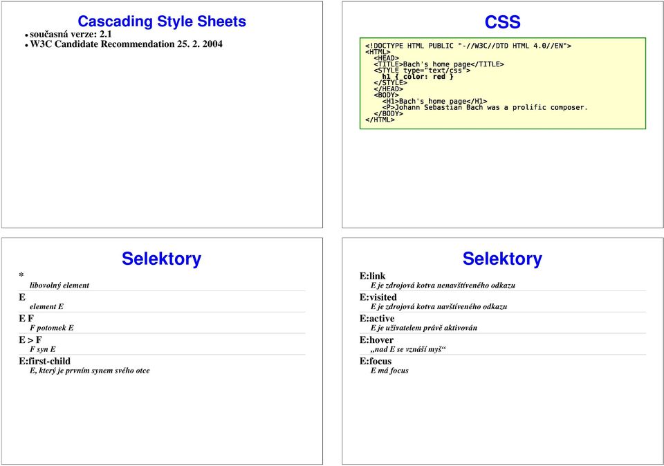 STYLE> HEAD> < BODY> HTML> Cascading Style Sheets současná verze: 2.