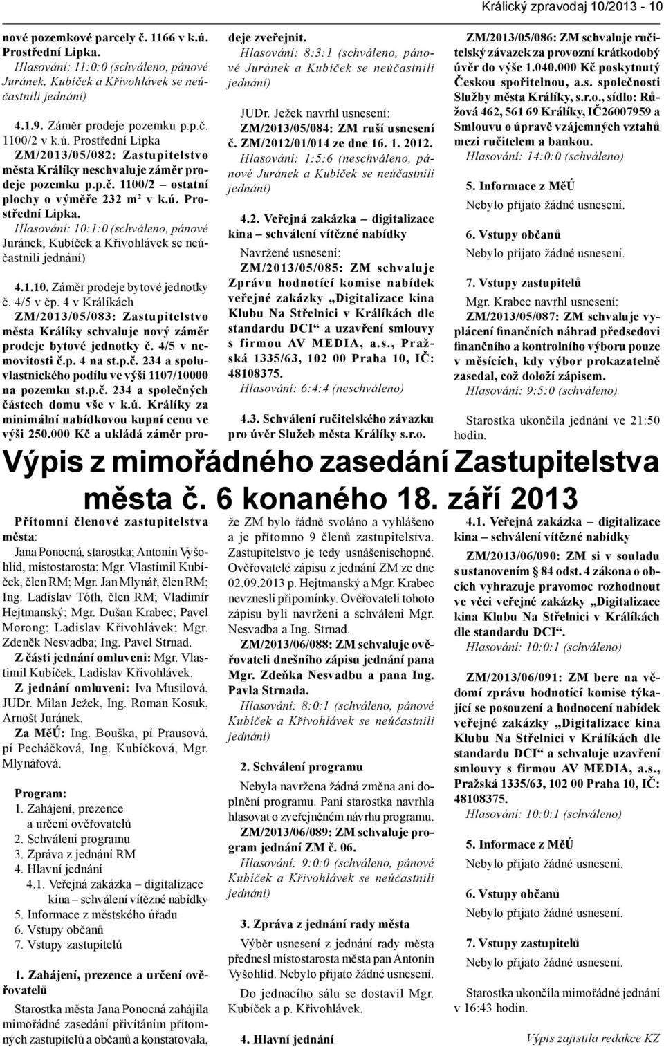 Hlasování: 10:1:0 (schváleno, pánové Juránek, Kubíček a Křivohlávek se neúčastnili Přítomní členové zastupitelstva města: Jana Ponocná, starostka; Antonín Vyšohlíd, místostarosta; Mgr.