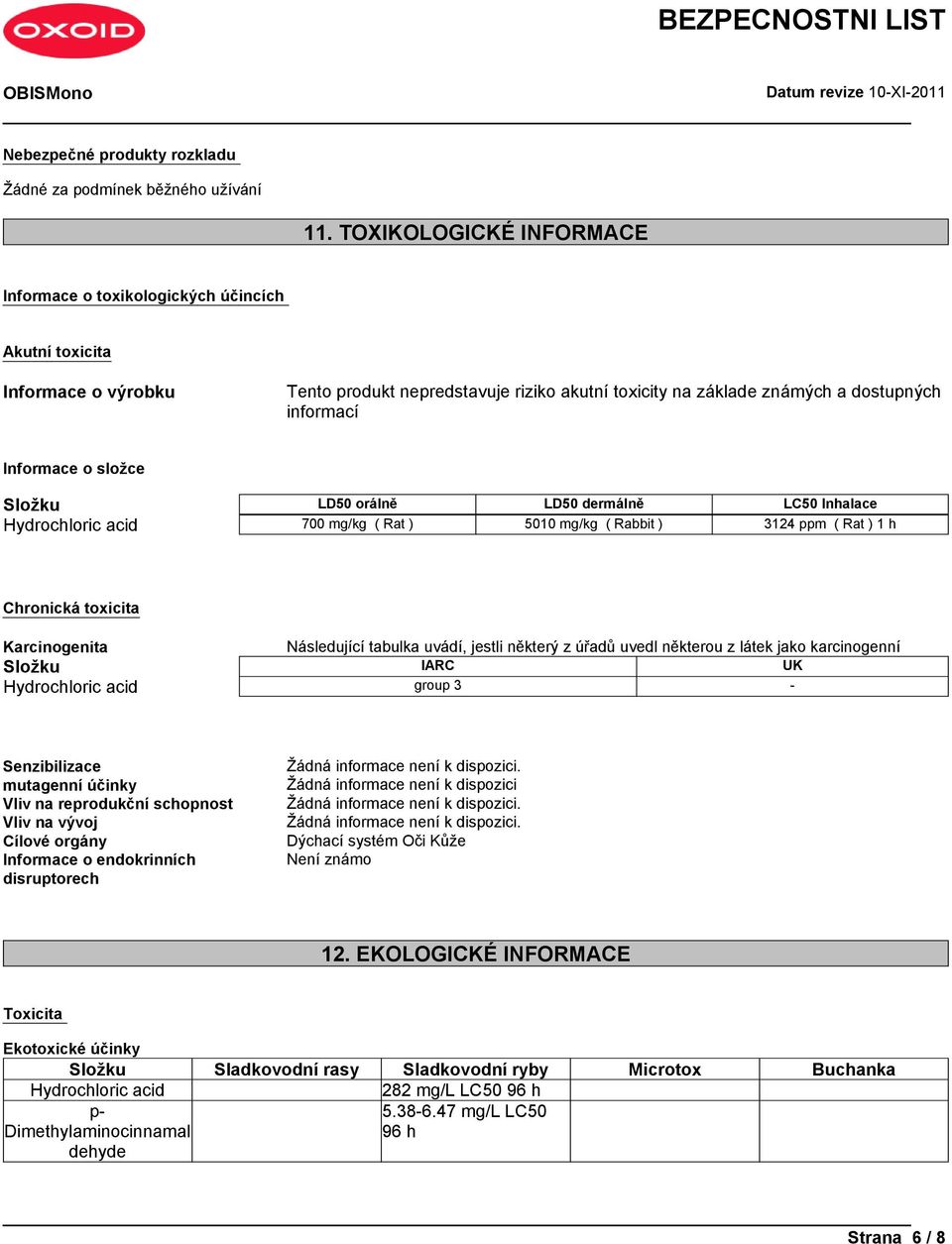o složce Složku LD50 orálně LD50 dermálně LC50 Inhalace 700 mg/kg ( Rat ) 5010 mg/kg ( Rabbit ) 3124 ppm ( Rat ) 1 h Chronická toxicita Karcinogenita Následující tabulka uvádí, jestli některý z úřadů