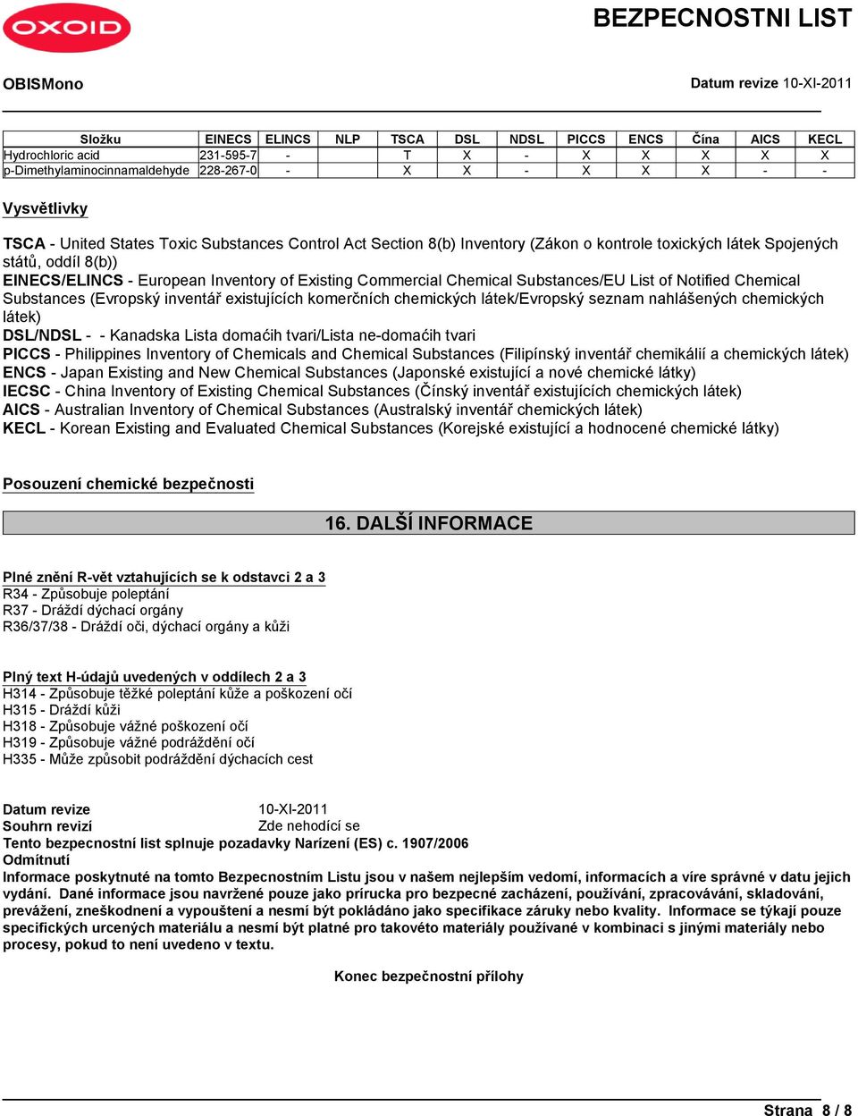 Notified Chemical Substances (Evropský inventář existujících komerčních chemických látek/evropský seznam nahlášených chemických látek) DSL/NDSL - - Kanadska Lista domaćih tvari/lista ne-domaćih tvari