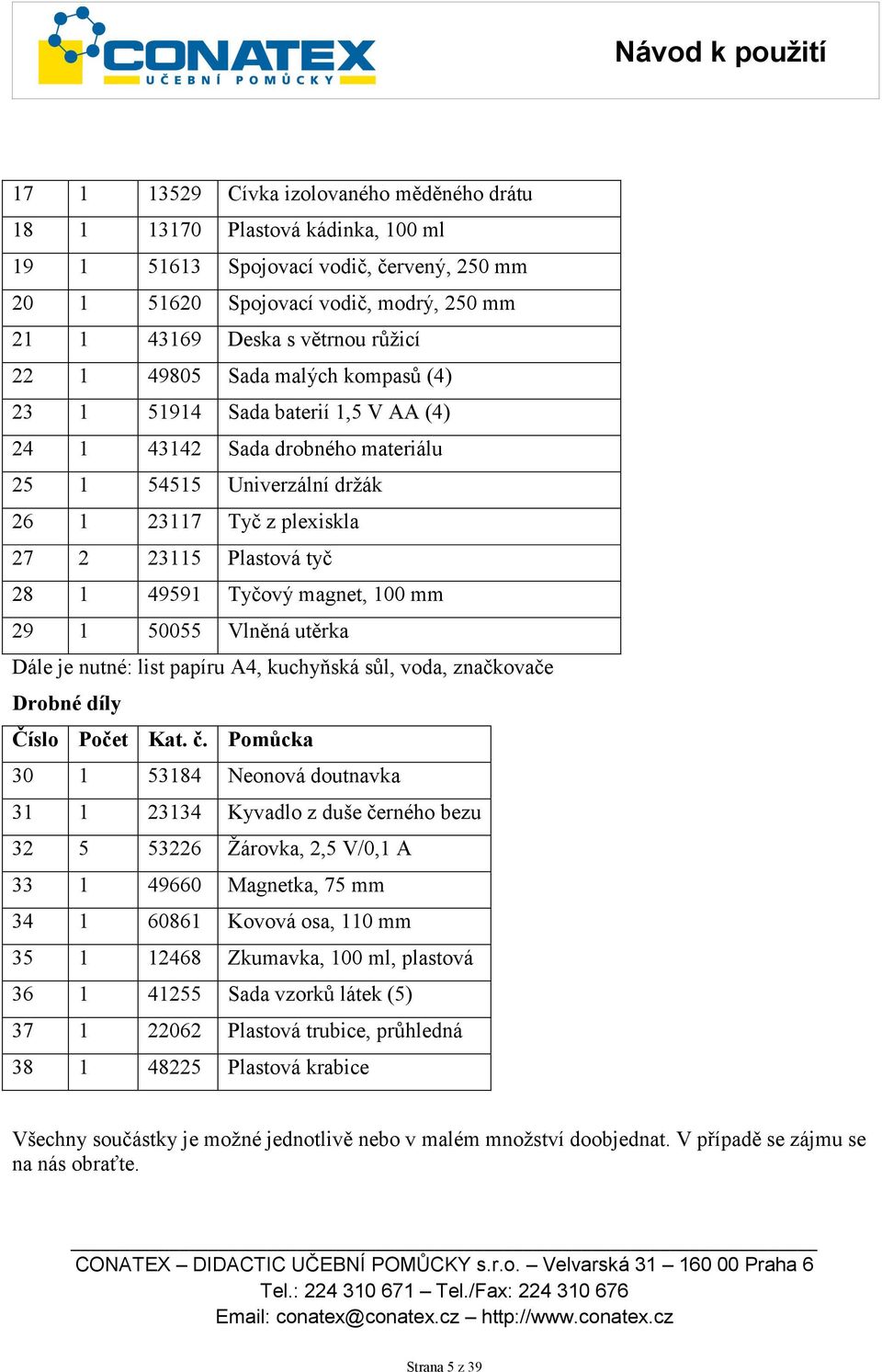 Tyčový magnet, 100 mm 29 1 50055 Vlněná utěrka Dále je nutné: list papíru A4, kuchyňská sůl, voda, značkovače Drobné díly Číslo Počet Kat. č.