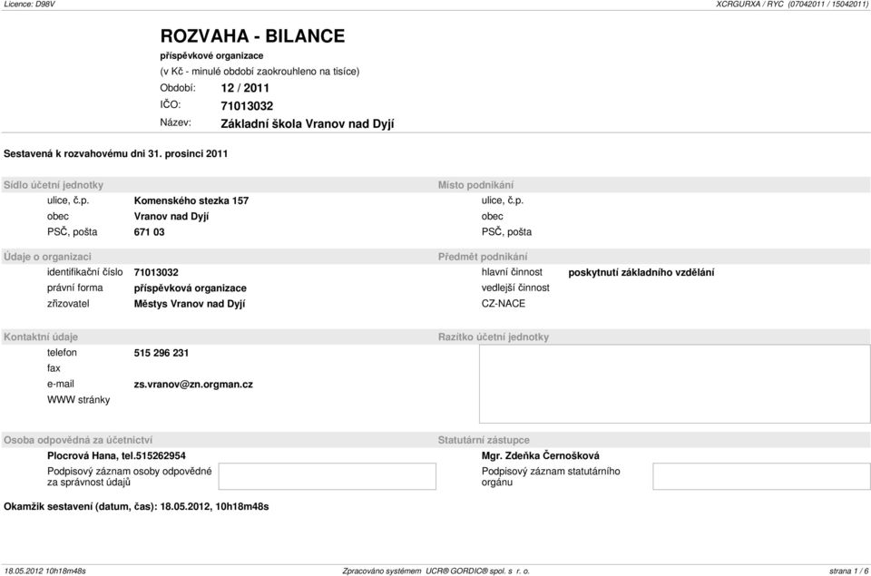 identifikační číslo 71013032 hlavní činnost poskytnutí základního vzdělání právní forma příspěvková organizace vedlejší činnost zřizovatel Městys Vranov nad Dyjí CZ-NACE Kontaktní údaje telefon 515