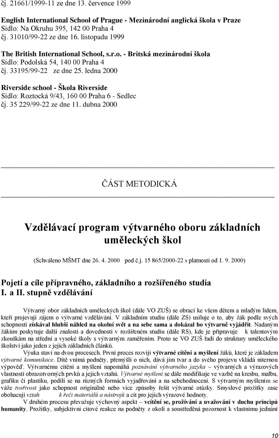 ledna 2000 Riverside school - Škola Riverside Sídlo: Roztocká 9/43, 160 00 Praha 6 - Sedlec čj. 35 229/99-22 ze dne 11.