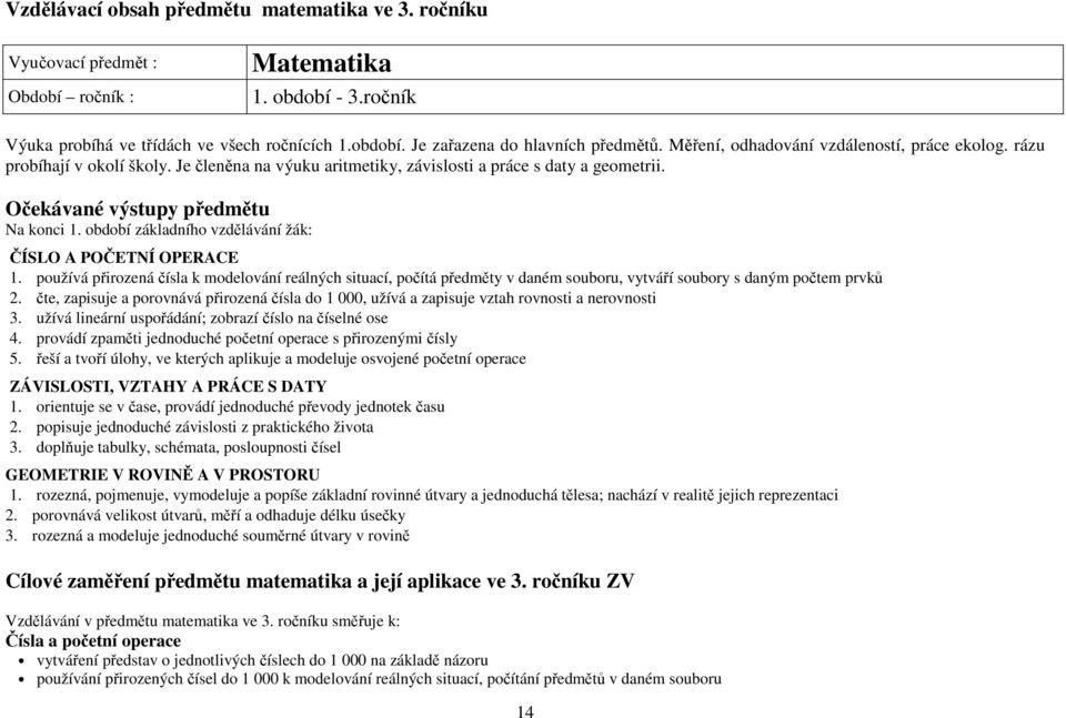 období základního vzdělávání žák: ČÍSLO A POČETNÍ OPERACE 1. používá přirozená čísla k modelování reálných situací, počítá předměty v daném souboru, vytváří soubory s daným počtem prvků 2.