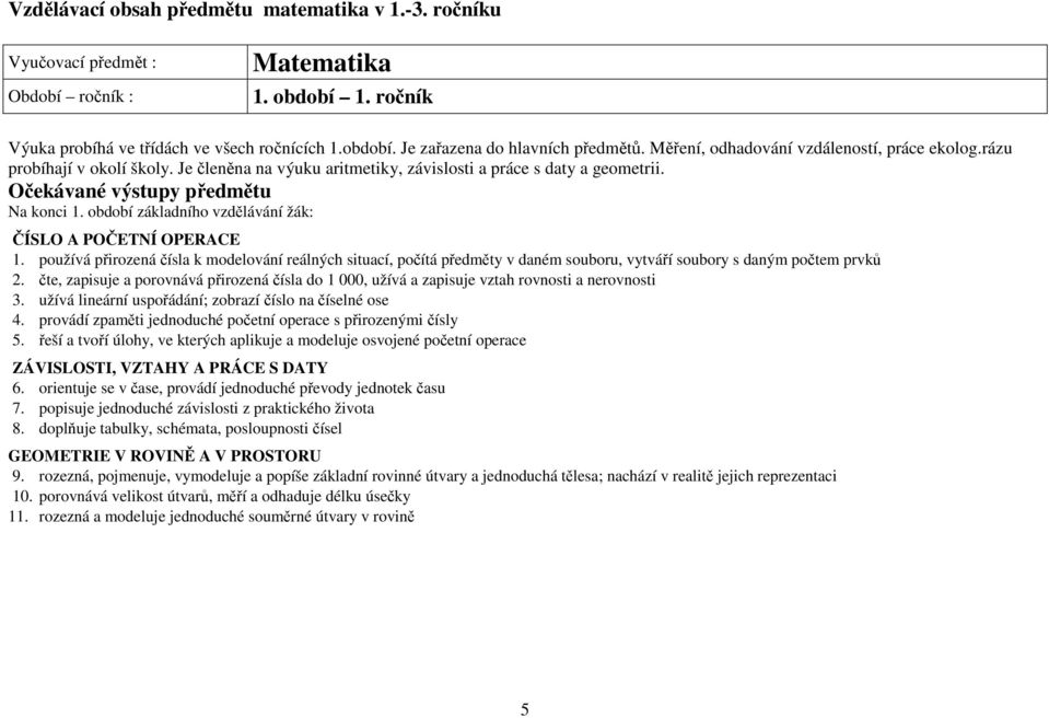 období základního vzdělávání žák: ČÍSLO A POČETNÍ OPERACE 1. používá přirozená čísla k modelování reálných situací, počítá předměty v daném souboru, vytváří soubory s daným počtem prvků 2.