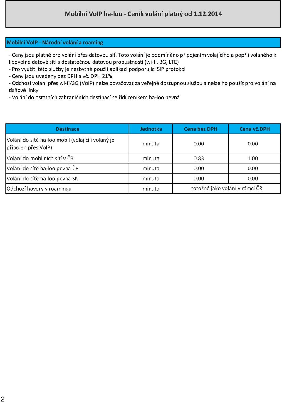 DPH 21% - Odchozí volání přes wi-fi/3g (VoIP) nelze považovat za veřejně dostupnou službu a nelze ho použít pro volání na tísňové linky - Volání do ostatních zahraničních destinací se řídí ceníkem