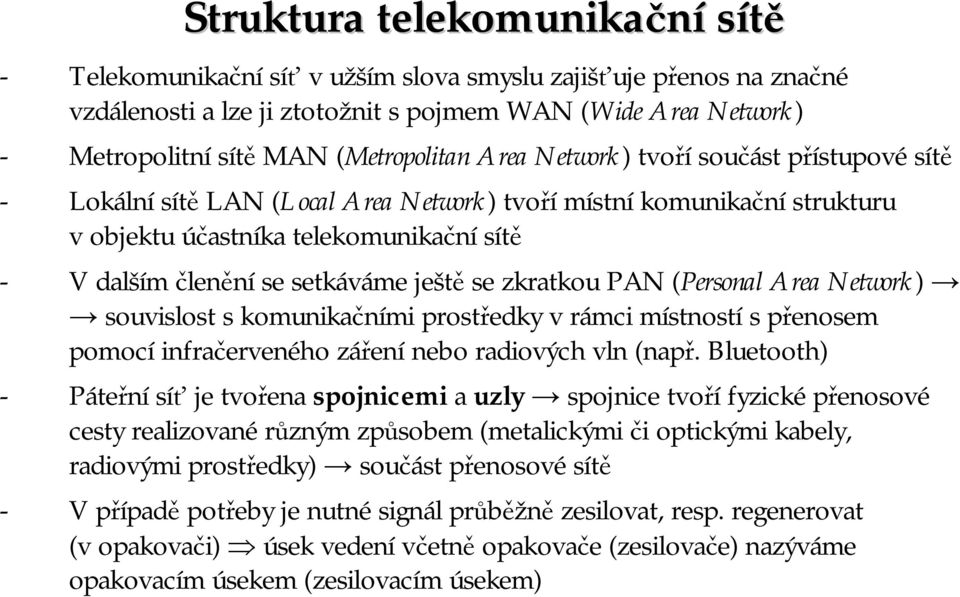 setkáváme ještě se zkratkou PAN (Personal Area Network) souvislost skomunikačními prostředky v rámci místností spřenosem pomocí infračerveného záření nebo radiových vln (např.