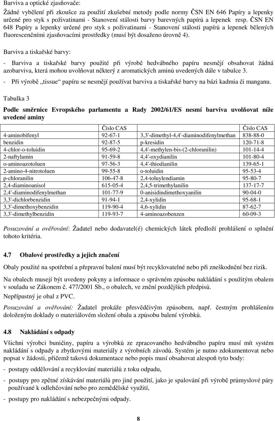 Barviva a tiskařské barvy: - Barviva a tiskařské barvy použité při výrobě hedvábného papíru nesmějí obsahovat žádná azobarviva, která mohou uvolňovat některý z aromatických aminů uvedených dále v