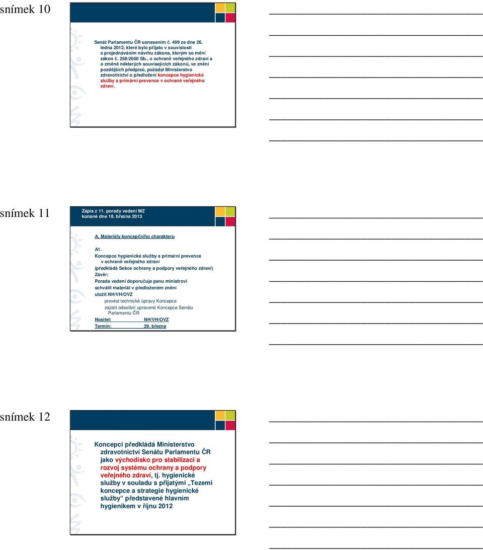 veřejného. snímek 11 Zápis z 11. porady vedení MZ konané dne 18. března 2013 A. Materiály koncepčního charakteru A1.