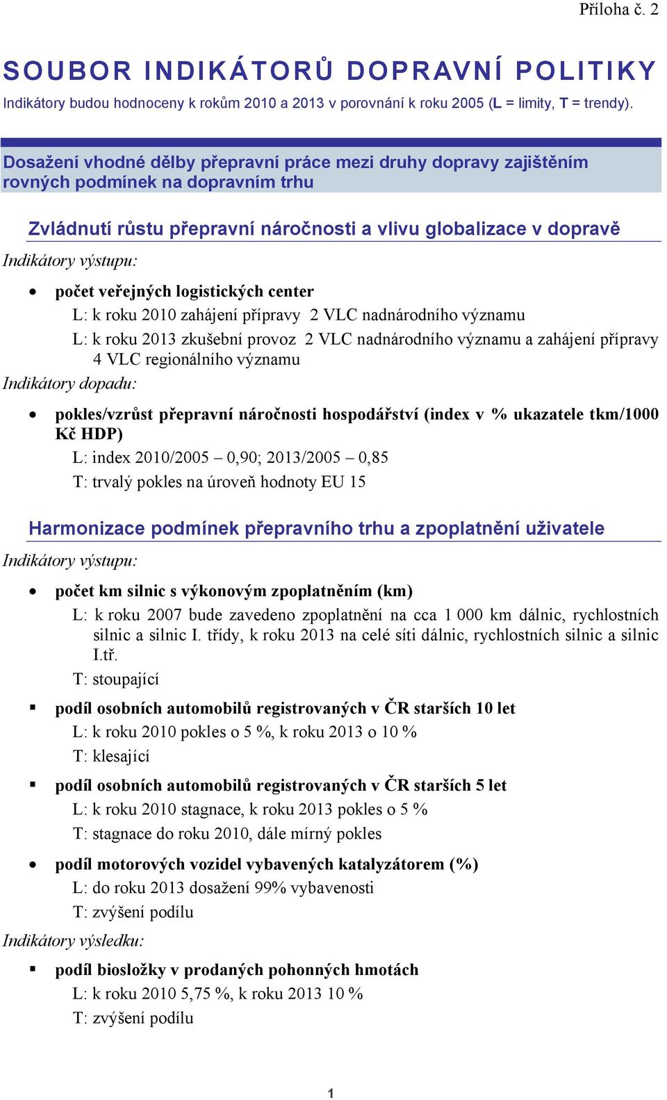 center L: k roku 2010 zahájení přípravy 2 VLC nadnárodního významu L: k roku 2013 zkušební provoz 2 VLC nadnárodního významu a zahájení přípravy 4 VLC regionálního významu Indikátory dopadu: