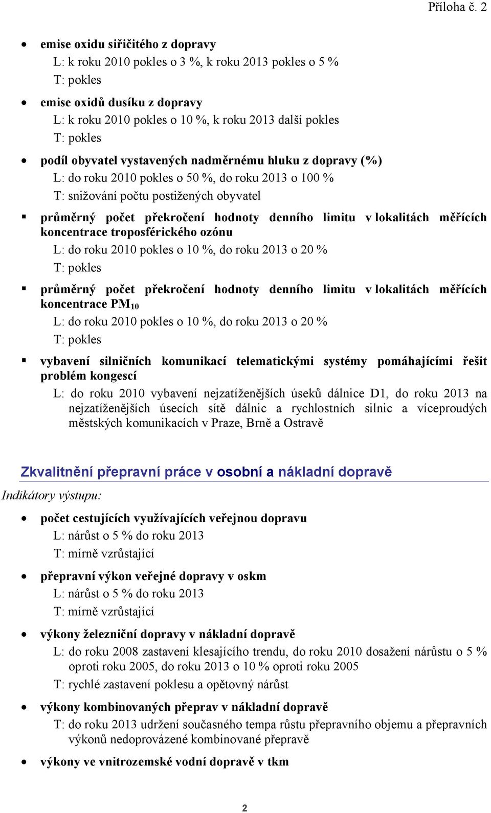 koncentrace troposférického ozónu L: do roku 2010 pokles o 10 %, do roku 2013 o 20 % průměrný počet překročení hodnoty denního limitu v lokalitách měřících koncentrace PM10 L: do roku 2010 pokles o