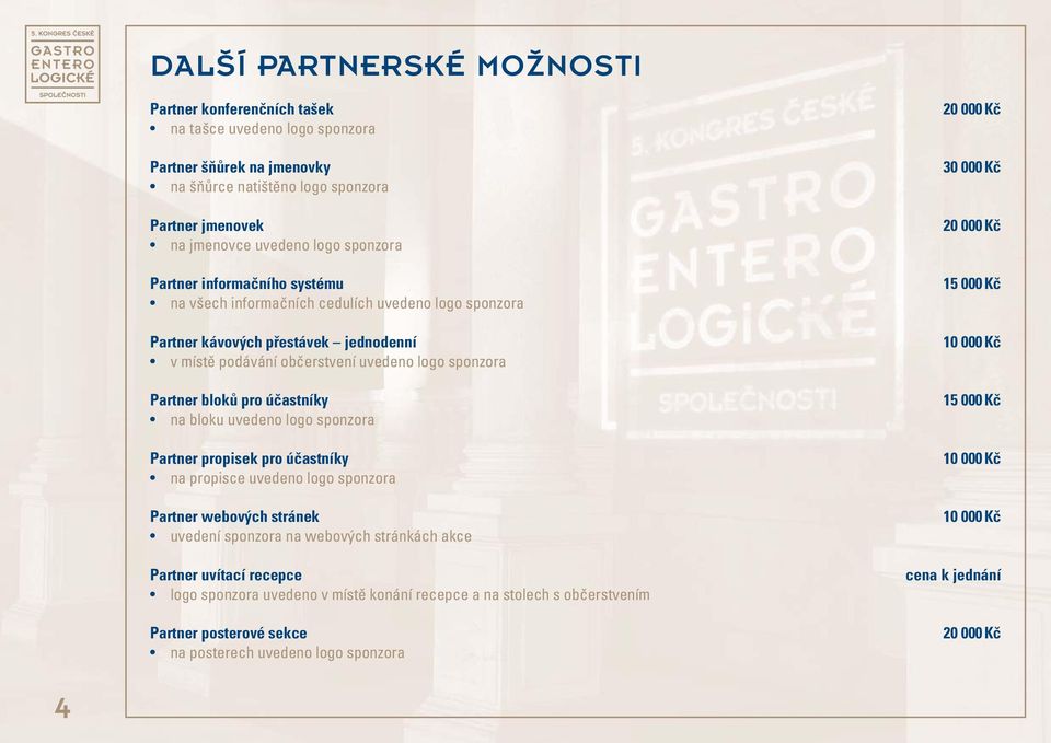 na bloku uvedeno logo sponzora Partner propisek pro účastníky na propisce uvedeno logo sponzora Partner webových stránek uvedení sponzora na webových stránkách akce Partner uvítací recepce logo