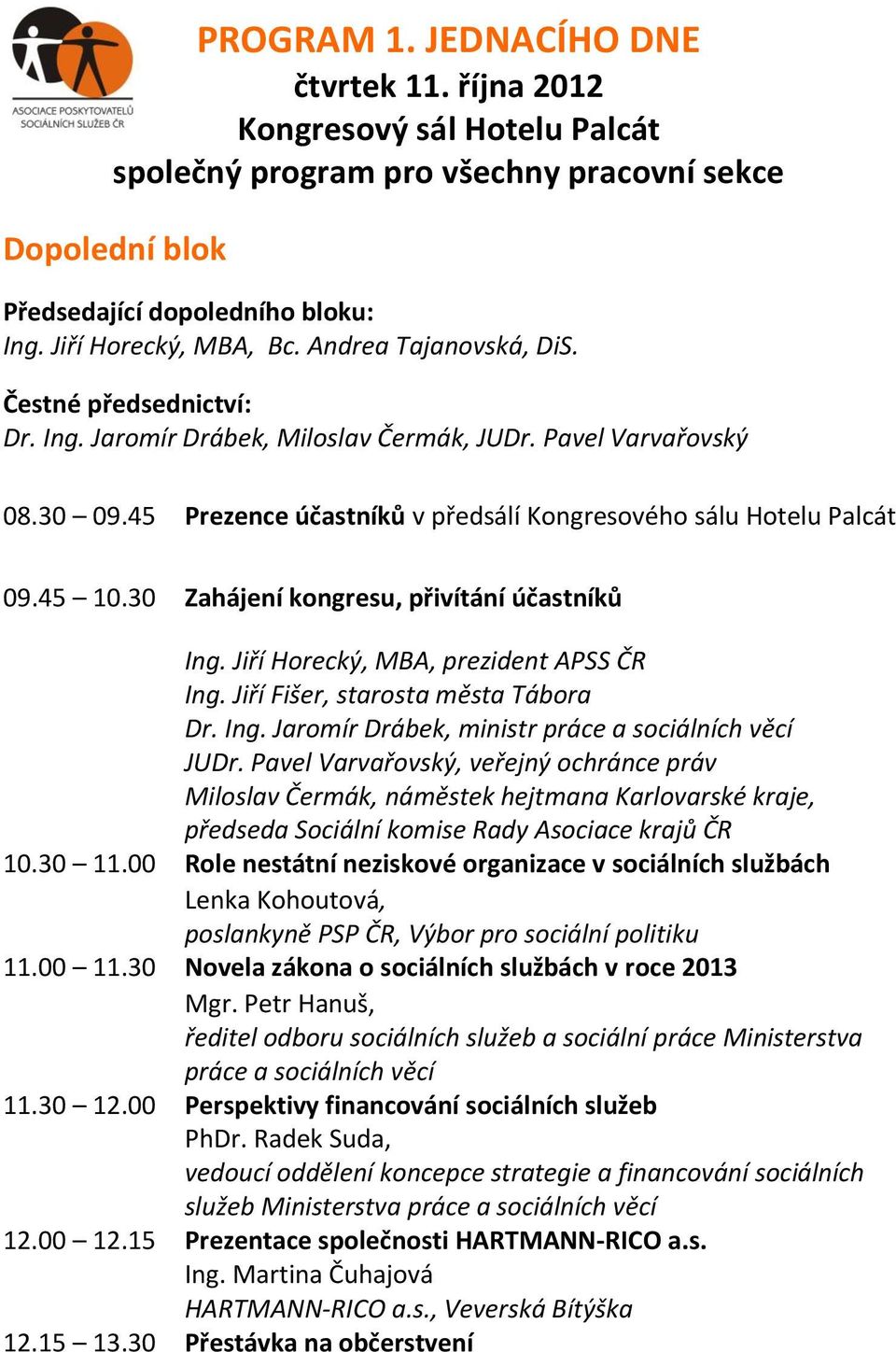 30 Zahájení kongresu, přivítání účastníků Ing. Jiří Horecký, MBA, prezident APSS ČR Ing. Jiří Fišer, starosta města Tábora Dr. Ing. Jaromír Drábek, ministr práce a sociálních věcí JUDr.