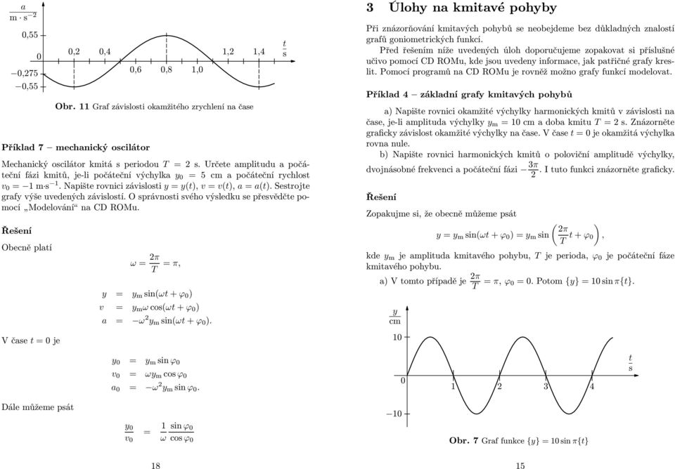 O právnoi vého výledku e převědče poocí Modelování na CD ROMu. Obecně plaí Včae =je ω = π T = π, y = y in(ω + ϕ ) v = y ω co(ω + ϕ ) a = ω y in(ω + ϕ ). y = y in ϕ v = ωy co ϕ a = ω y in ϕ.