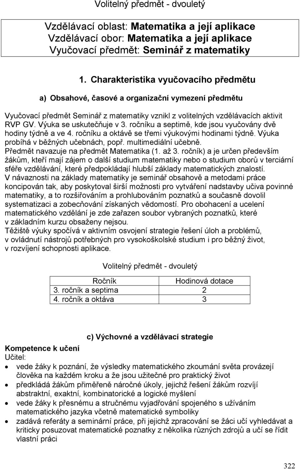 Výuka se uskutečňuje v 3. ročníku a septimě, kde jsou vyučovány dvě hodiny týdně a ve 4. ročníku a oktávě se třemi výukovými hodinami týdně. Výuka probíhá v běžných učebnách, popř.