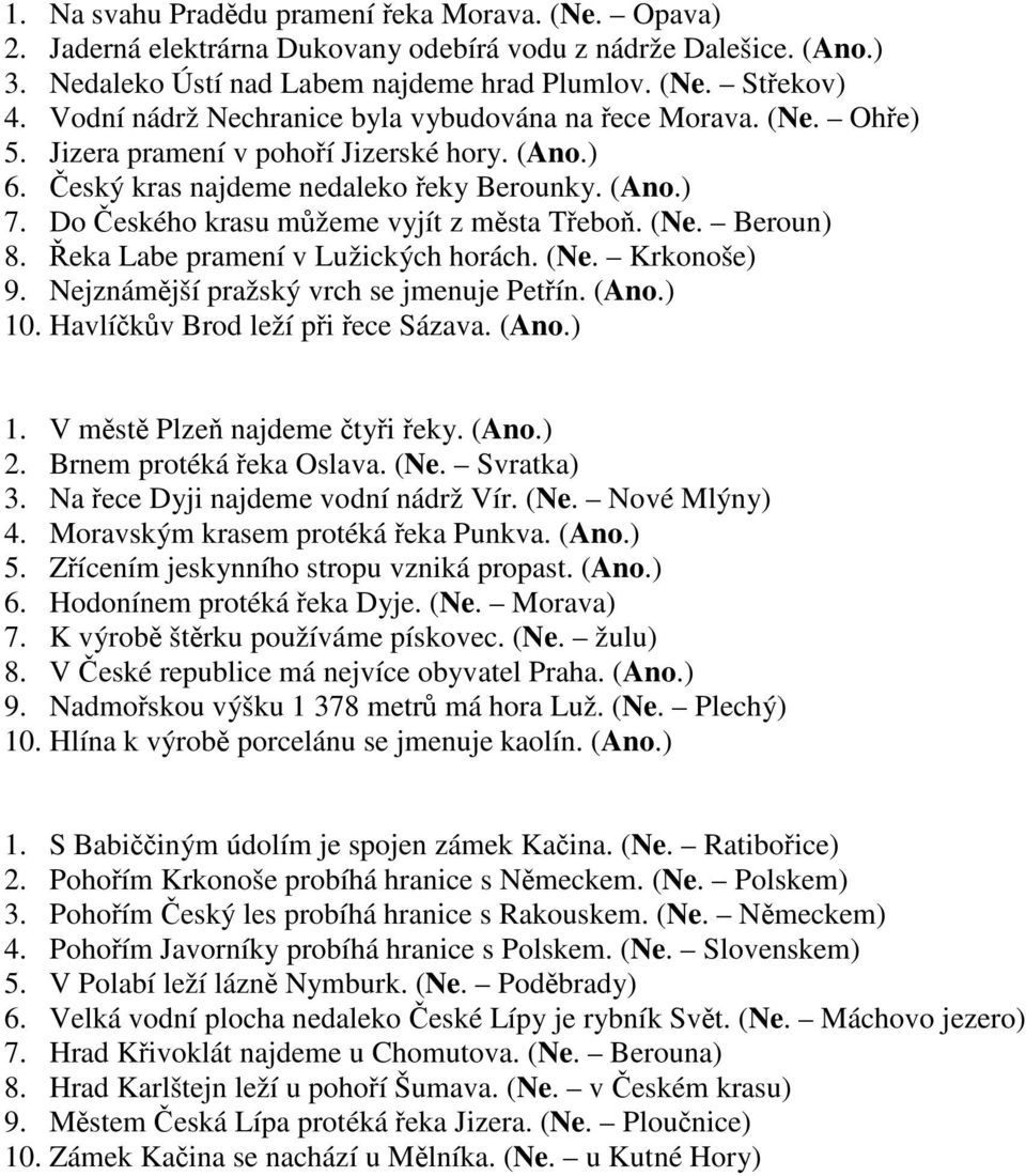 Do Českého krasu můžeme vyjít z města Třeboň. (Ne. Beroun) 8. Řeka Labe pramení v Lužických horách. (Ne. Krkonoše) 9. Nejznámější pražský vrch se jmenuje Petřín. (Ano.) 10.