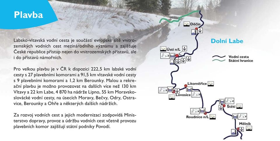Malou a rekreační plavbu je možno provozovat na dalších více než 130 km Vltavy a 22 km Labe, 4 870 ha nádrže Lipno, 55 km Moravskoslovácké vodní cesty, na úsecích Moravy, Bečvy, Odry, Ostravice,