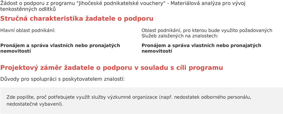 pronajatých nemovitostí Projektový záměr žadatele o podporu v souladu s cíli programu Důvody pro spolupráci s poskytovatelem