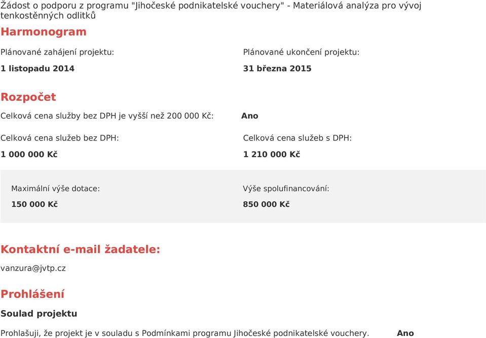 210 000 Kč Maximální výše dotace: Výše spolufinancování: 150 000 Kč 850 000 Kč Kontaktní e-mail žadatele: vanzura@jvtp.