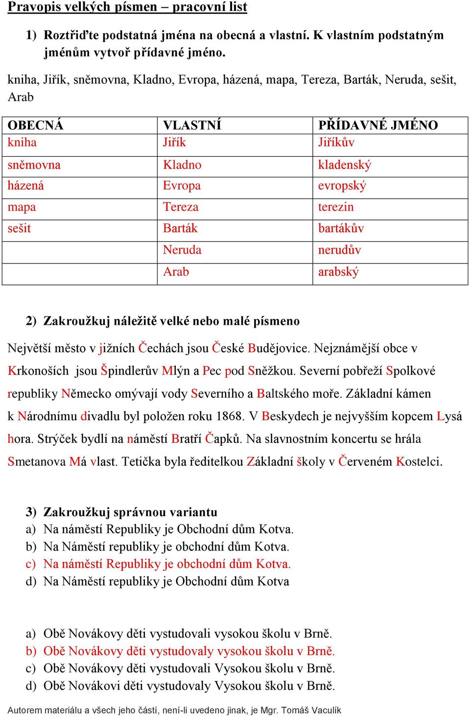 Tereza terezin sešit Barták bartákův Neruda Arab nerudův arabský 2) Zakroužkuj náležitě velké nebo malé písmeno Největší město v jiţních Čechách jsou České Budějovice.