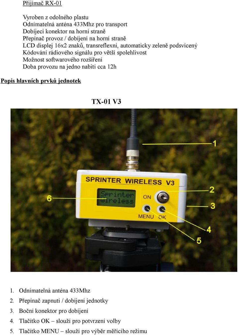 softwarového rozšíření Doba provozu na jedno nabití cca 12h Popis hlavních prvků jednotek TX-01 V3 1. Odnímatelná anténa 433Mhz 2.