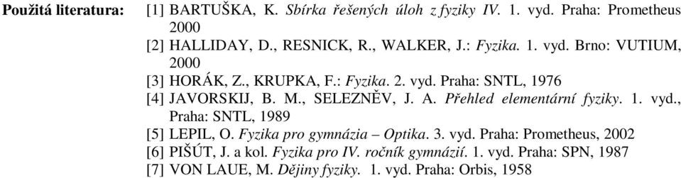 LZNV, J A Phld lmntární fyziky 1 vyd, Praha: NTL, 1989 [5] LPL, O Fyzika pro gymnázia Optika 3 vyd Praha: Promthus,