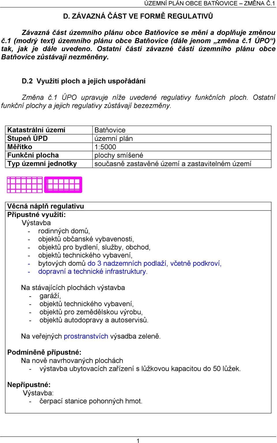 1 ÚPO upravuje níže uvedené regulativy funkčních ploch. Ostatní funkční plochy a jejich regulativy zůstávají bezezměny.