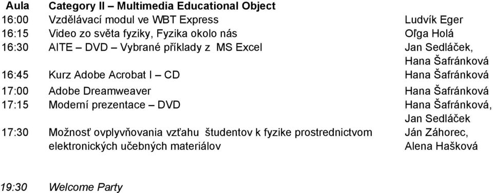 Hana Šafránková 17:00 Adobe Dreamweaver Hana Šafránková 17:15 Moderní prezentace DVD Hana Šafránková, Jan Sedláček 17:30 Možnosť