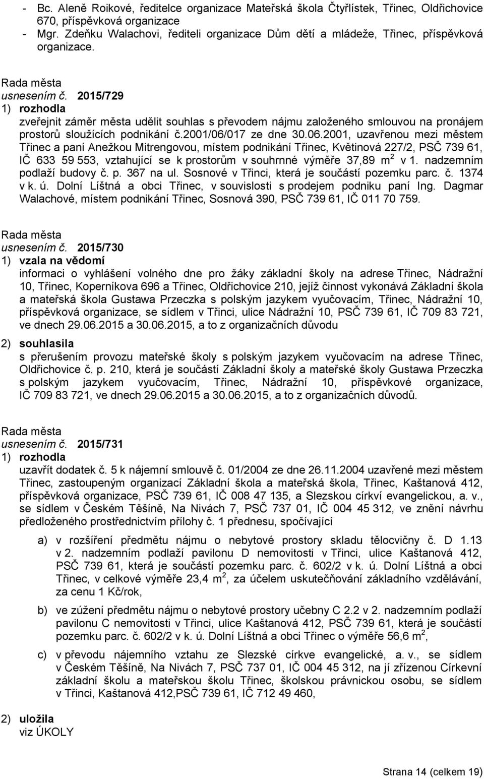 2015/729 zveřejnit záměr města udělit souhlas s převodem nájmu založeného smlouvou na pronájem prostorů sloužících podnikání č.2001/06/