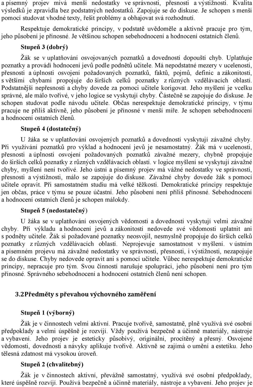 Je většinou schopen sebehodnocení a hodnocení ostatních členů. Stupeň 3 (dobrý) Žák se v uplatňování osvojovaných poznatků a dovedností dopouští chyb.