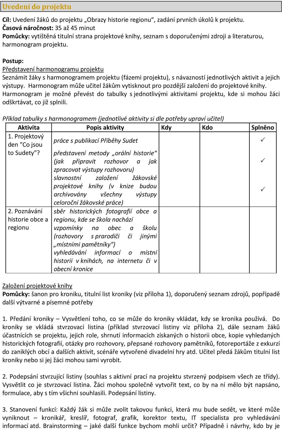 Postup: Představení harmonogramu projektu Seznámit žáky s harmonogramem projektu (fázemi projektu), s návazností jednotlivých aktivit a jejich výstupy.