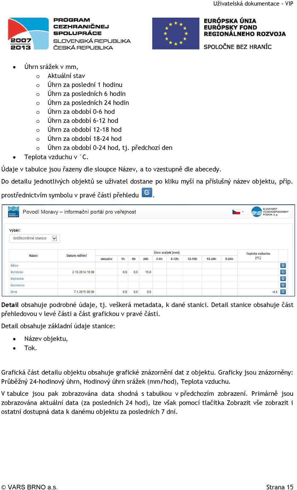 Do detailu jednotlivých objektů se uživatel dostane po kliku myší na příslušný název objektu, příp. prostřednictvím symbolu v pravé části přehledu. Detail obsahuje podrobné údaje, tj.