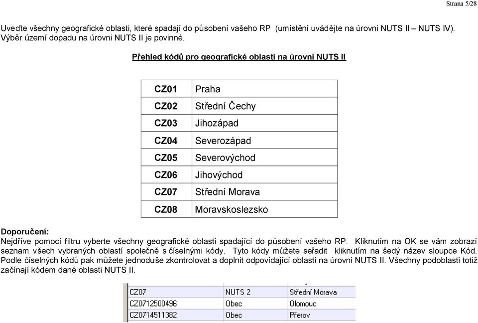 Doporučení: Nejdříve pomocí filtru vyberte všechny geografické oblasti spadající do působení vašeho RP. Kliknutím na OK se vám zobrazí seznam všech vybraných oblastí společněs číselnými kódy.